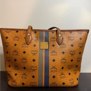 MCM Cognac Visetos Tote Bag with Navy Stripe